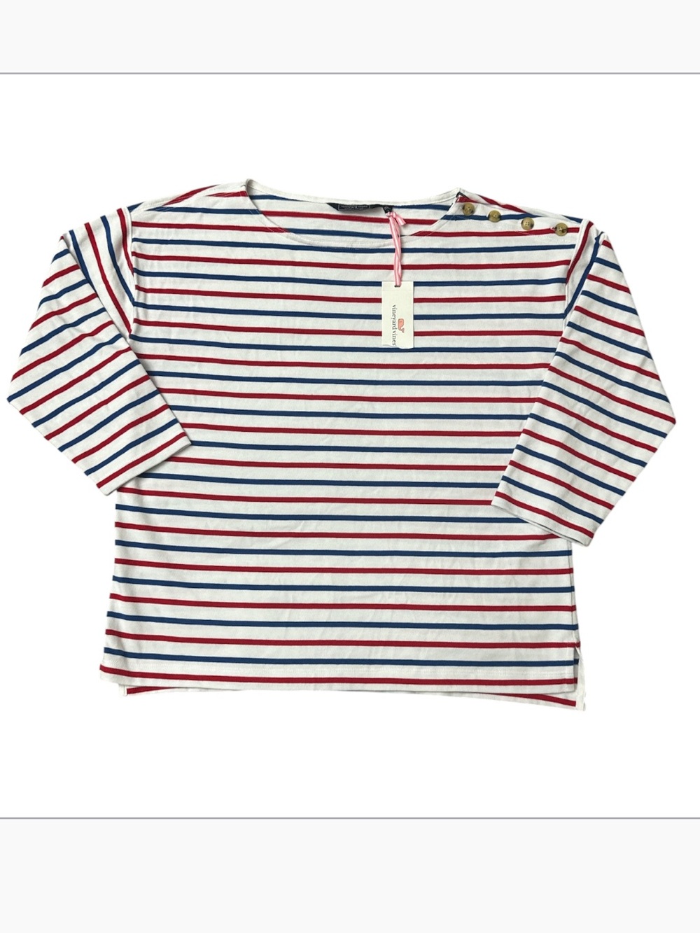 Vineyard Vines White Three Quarter Length Tee with Red & Blue Stripes